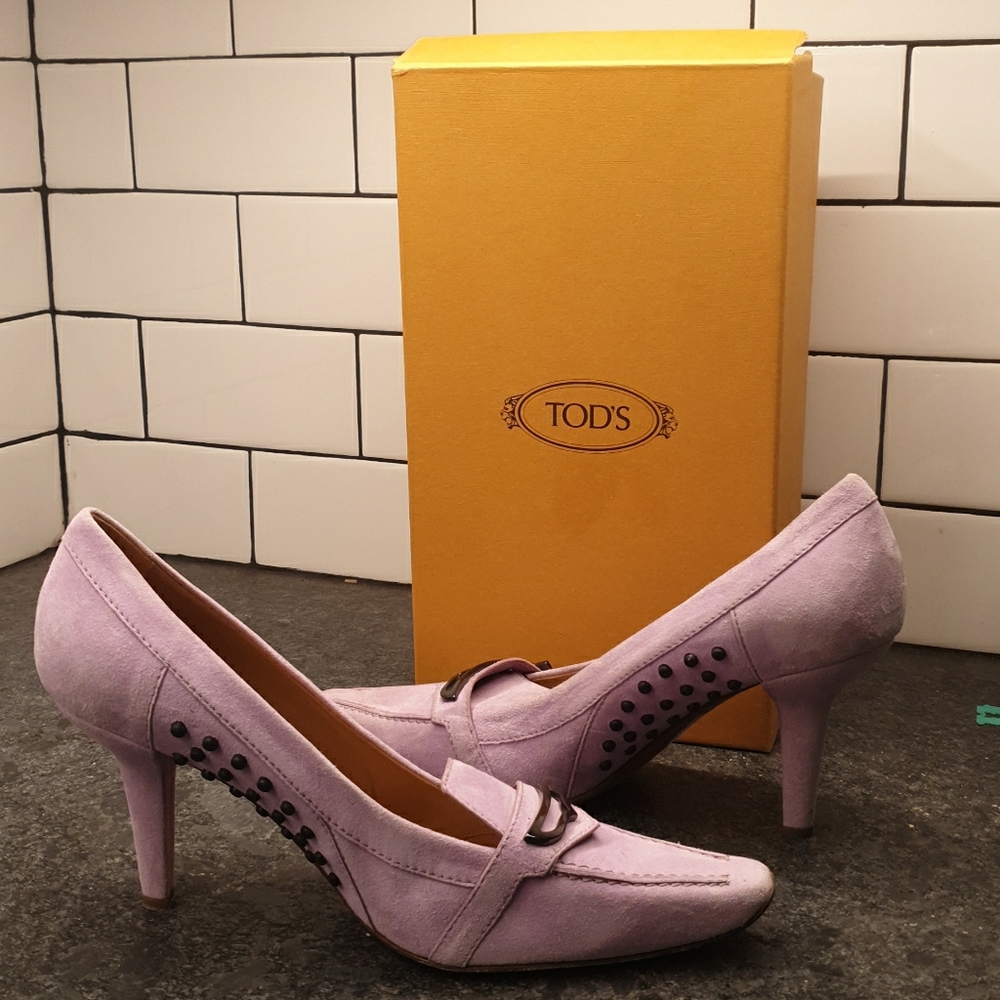 TOD'S Loafer Heels Lavender Suede Square toe- sz 9
